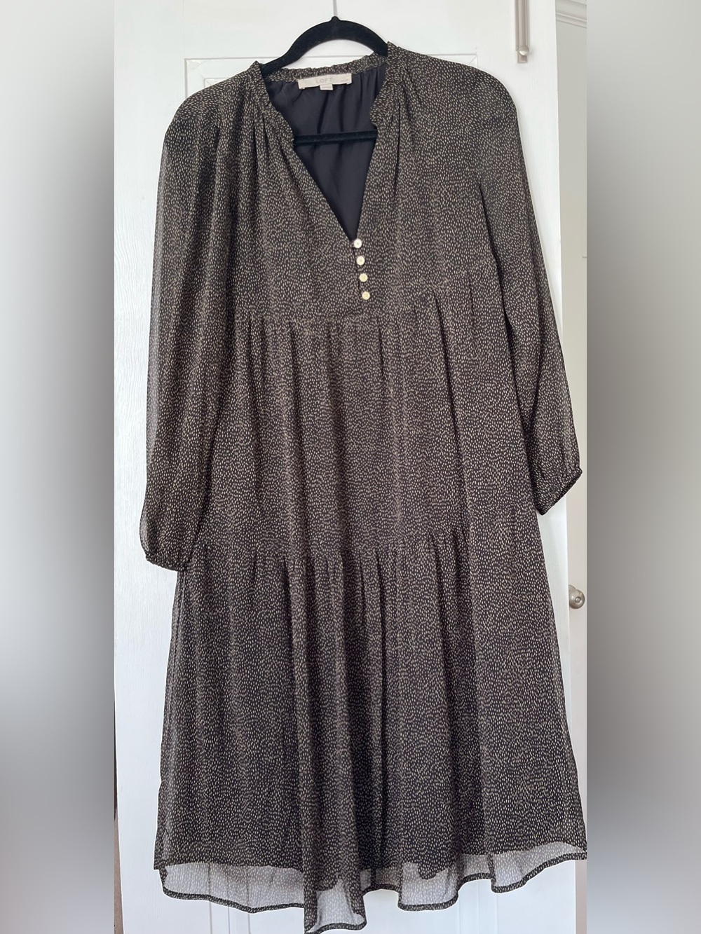 LOFT Petites Black Long Sleeve Tiered Dress with Cream Dot Print